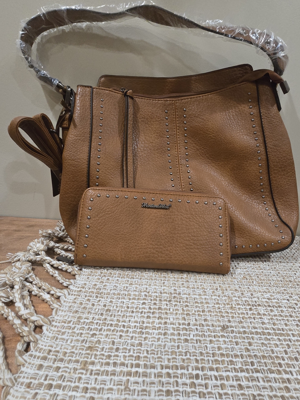 🔥 Montana West Tan Studded Leather Hobo Bag with Wallet